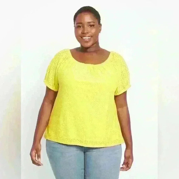 Lane Bryant Classic Short-Sleeve Eyelet Square-Neck Shirt Yellow 14/16​ - Picture 1 of 11